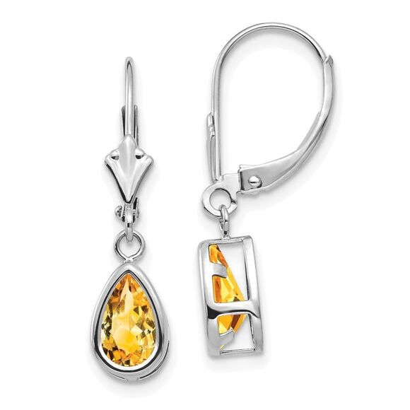 Kazi Luxury 14k White Gold 8x5mm Pear Citrine Leverback Earrings
